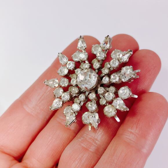 VTG 50s 60s Rhinestone Starburst Brooch Silver Tone Mid Century Pin - Picture 5 of 10